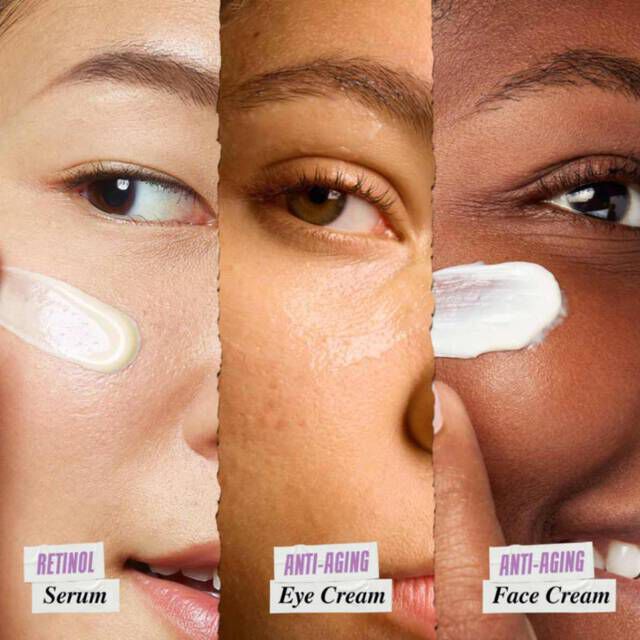 Retinol, Eye Cream, and Face Cream swatches on three different skin tones​