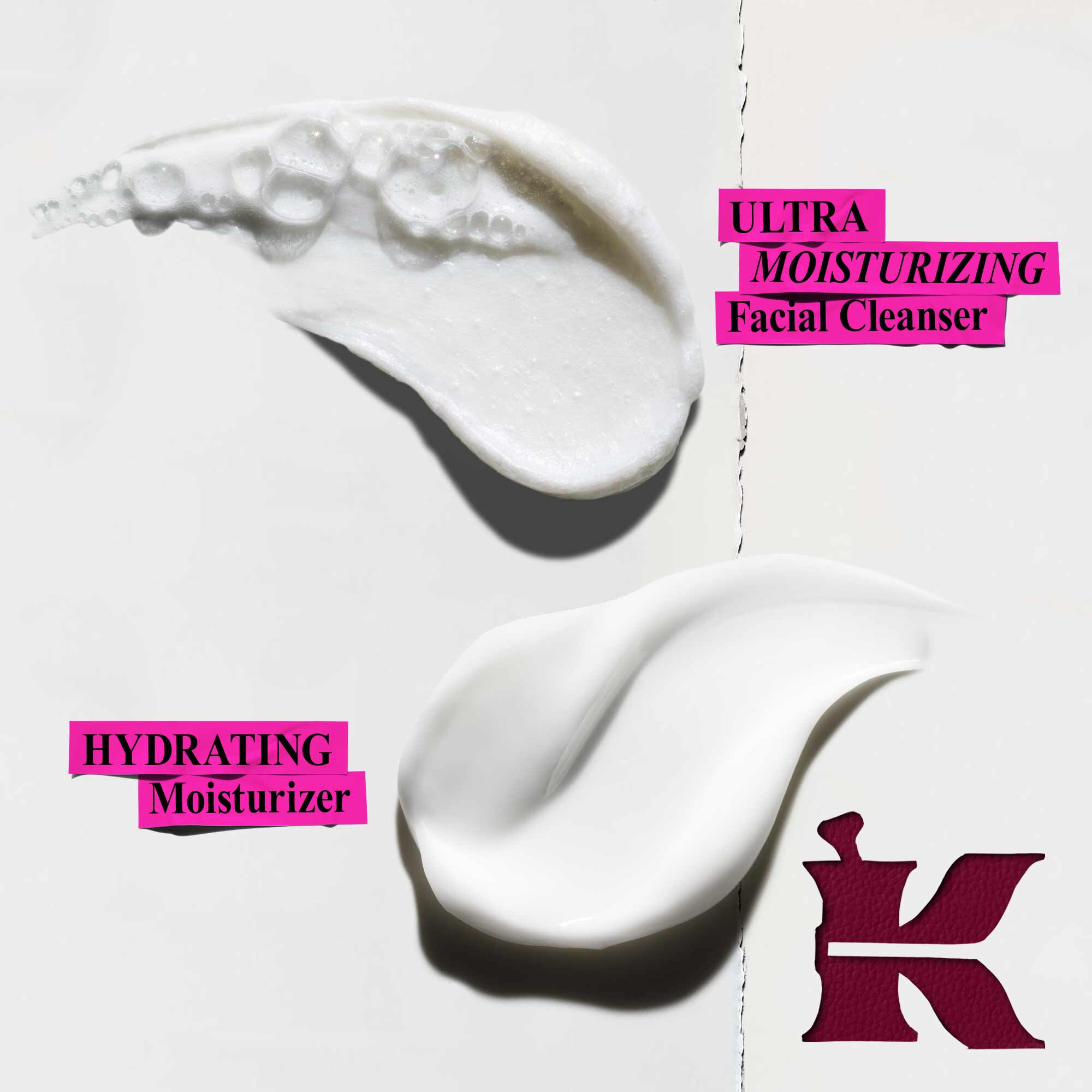 A graphic features three distinct product swatches on a white background, accompanied by their specific labels: a pale yellow swatch labeled "RETINOL Serum," a light beige swatch labeled "ANTI-AGING Face Cream," and an off-white swatch labeled "ANTI-AGING Eye Cream," all presented in magenta boxes. A dark, stylized 'K' logo is visible in the bottom left corner.