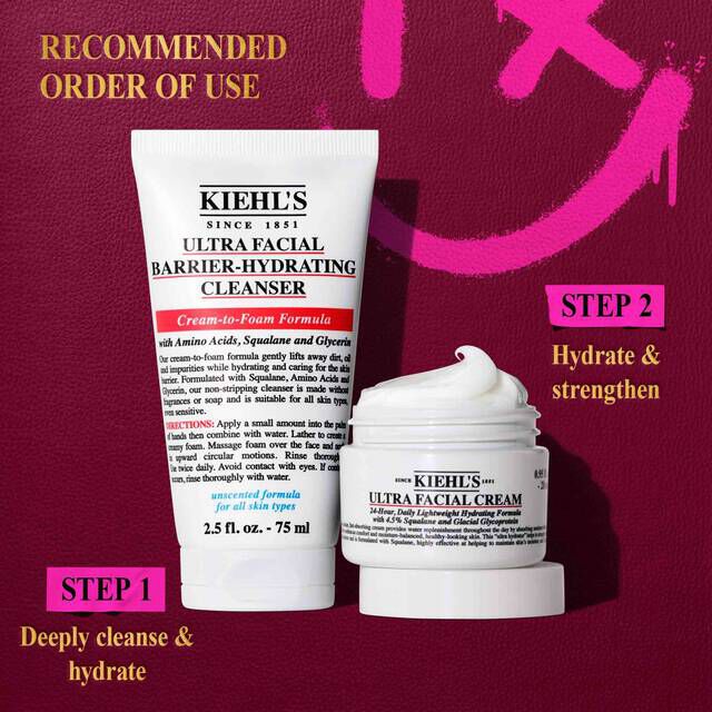 A graphic illustrating the recommended order of use for two Kiehl's products: a white tube of "KIEHL'S ULTRA FACIAL BARRIER-HYDRATING CLEANSER" and a white jar of "KIEHL'S ULTRA FACIAL CREAM". The top left corner reads "RECOMMENDED ORDER OF USE". Below the cleanser, it states "STEP 1 Deeply cleanse & hydrate". Below the cream, it states "STEP 2 Hydrate & strengthen".