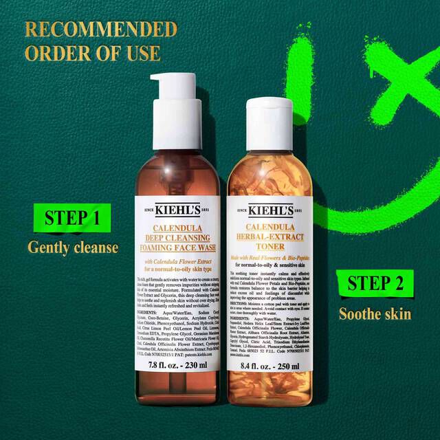 A graphic, set against a dark green background with bright green accents, featuring two bottles. On the top left, it says "RECOMMENDED ORDER OF USE." The "KIEHL'S CALENDULA DEEP CLEANSING FOAMING FACE WASH" bottle reads "STEP 1 Gently cleanse," and the "KIEHL'S CALENDULA HERBAL-EXTRACT TONER" bottle reads "STEP 2 Soothe skin."