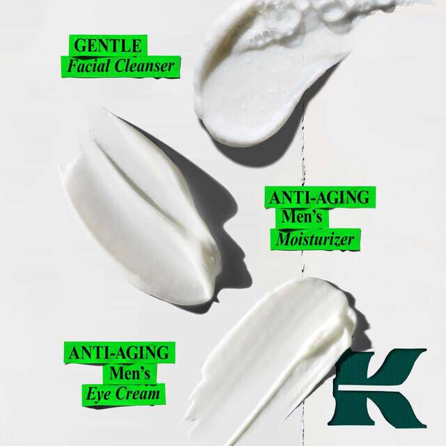 A graphic showing three white swirls of product against a white background. The top left swirl is labeled "GENTLE Facial Cleanser." The middle white swirl is labeled "ANTI-AGING Men’s Moisturizer." The bottom white swirl is labeled "ANTI-AGING Men’s Eye Cream." A dark green "K" logo is in the lower right corner.