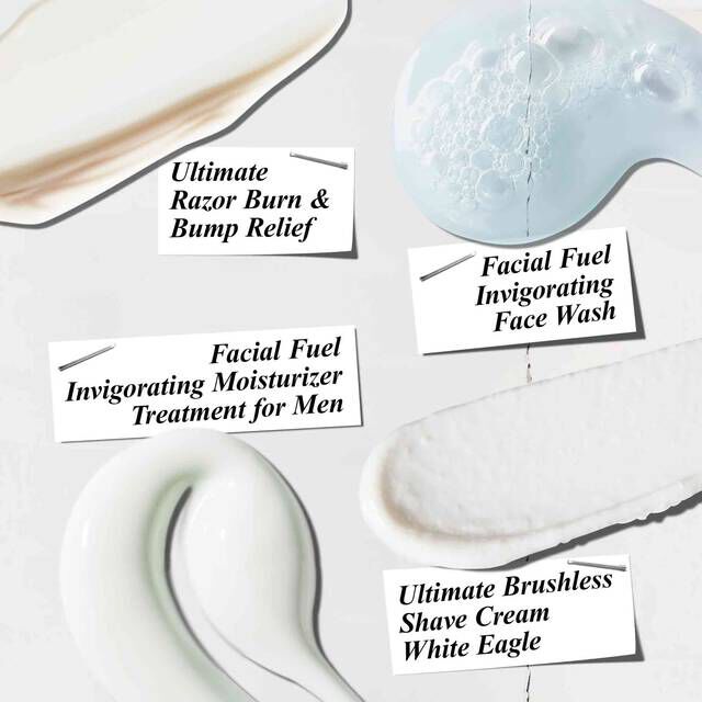 Facial Fuel Wash, Razor Burn Relief, Facial Fuel Moisturizer, and Brushless Shave Cream texture swatches​