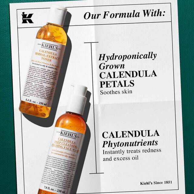 A graphic of a white paper, set against a dark green background, features a section titled "Our Formula With:". At the top left is a bottle of "Kiehl's Calendula Herbal-Extract Toner," which highlights the benefit "Hydroponically Grown CALENDULA PETALS Soothes skin." At the bottom right is a bottle of "Kiehl's Calendula Deep Cleansing Foaming Face Wash," which features the benefit "CALENDULA Phytonutrients Instantly treats redness and excess oil." A small 'K' logo is in the top left corner.