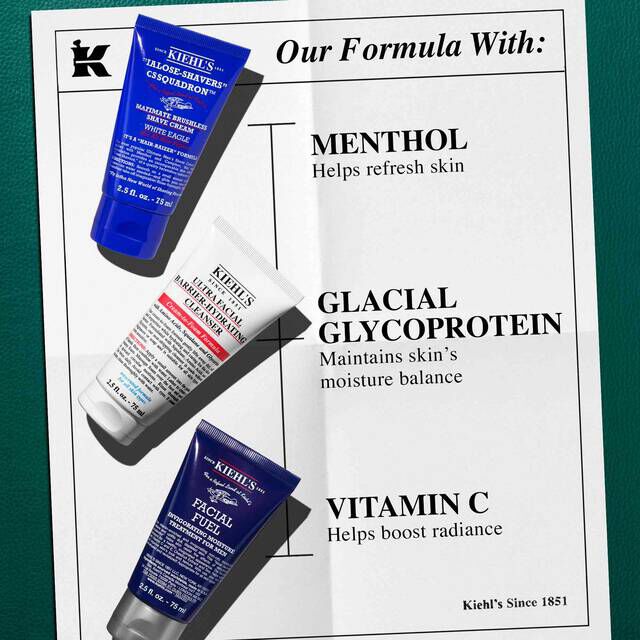 A graphic of a white paper, set against a dark green background, features three Kiehl's products aligned diagonally alongside a section titled "Our Products With:". At the top is a blue tube of "KIEHL’S CLOSE-SHAVERS SQUADRON ULTIMATE BRUSHLESS SHAVE CREAM," which highlights "MENTHOL Helps skin feel refreshed." In the middle is a white tube of "KIEHL’S ULTRA FACIAL BARRIER-HYDRATING CLEANSER," which highlights "GLYCERIN Helps hydrate the skin barrier." At the bottom is a dark blue tube of "KIEHL’S FACIAL FUEL MOISTURIZER," which highlights "VITAMIN Cg Helps boost radiance." A small 'K' logo is in the top left