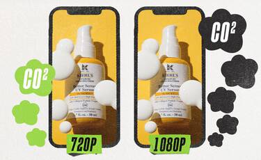 Kiehl’s serum infographic comparing lower CO2 impact of 720p versus higher 1080p streaming on smartphones, promoting digital sustainability.​