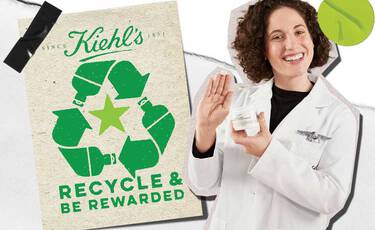Recycle & Be Rewarded" paper alongside Kiehl’s Rare Earth Deep Pore Cleansing Mask and Calendula Herbal- Extract Toner, highlighting the brand’s in-store recycling program.​