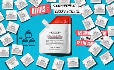 Kiehl’s Ultra Facial Cream refill pouch promotional graphic. Highlights “Same Formula, Less Package,” noting annual savings of 122 tonnes of plastic, equivalent to 1.7 million jars.​