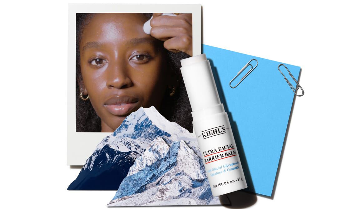 Collage featuring Kiehl's Ultra Facial Balm skincare stick, model, and mountain